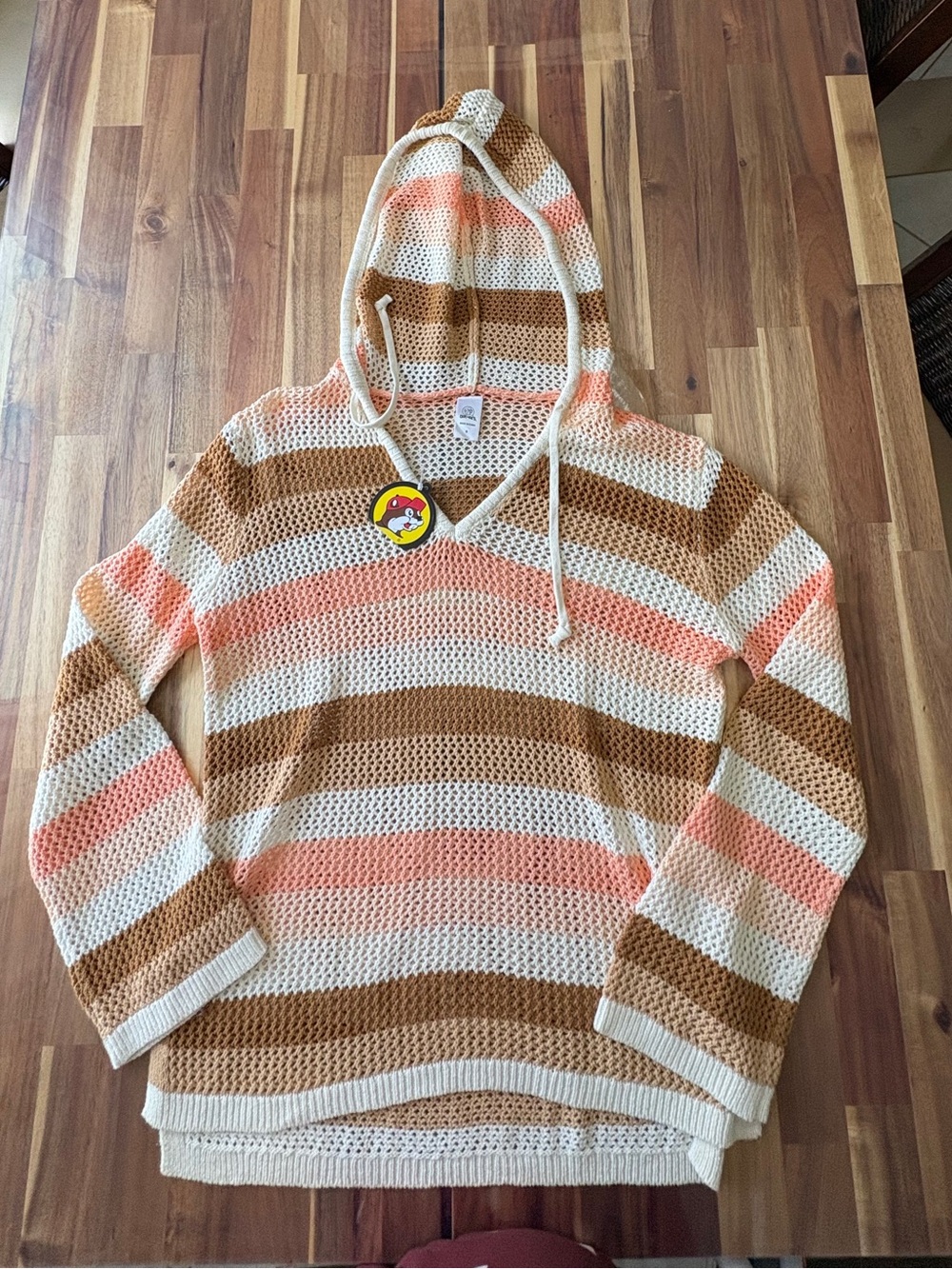 NWT Buc-ee's S V Neck Striped Cream Tan & Coral Hood Knit Eyelet Sweater w Tie